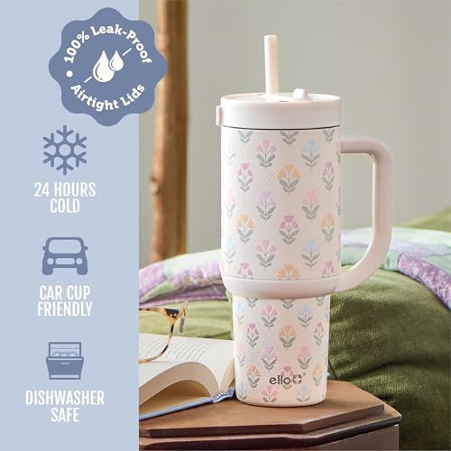 Ello Oasis 30oz Insulated Stainless Steel Tumbler with Straw, Flower Quilt