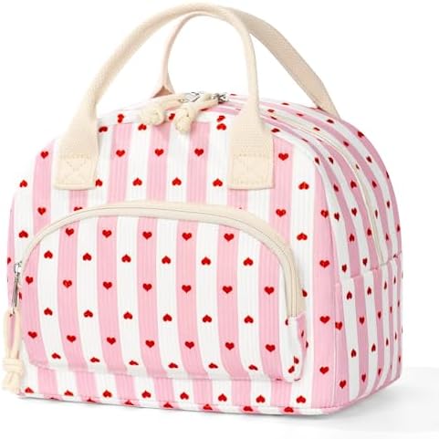 TESAFNG Lunch Bag - Insulated Lunch Box for Women, Reusable Large Capacity Cooler Bag for Adult, Small Leakproof Cute Corduroy Lunch Tote for Work Office Travel Picnic (Striped Pink Heart)