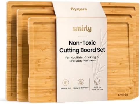 SMIRLY Wood Cutting Board - 3 Pack Cuttings Board for Kitchen, Bamboo Brown