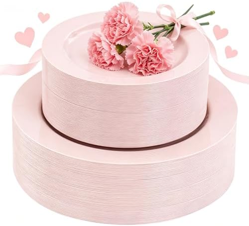 FLOWERCAT 100PCS Pink Plastic Plates - Heavy Duty Pink Party set Disposable serve for 50 guests -10 inch Dinner + 7 inch Dessert/Salad Plates for Easter,Birthday Party,Mother's Day