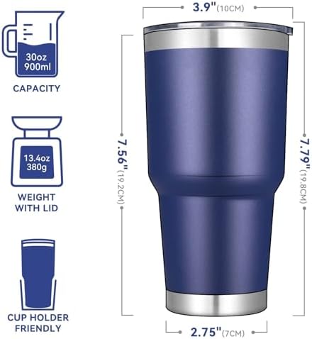 DOMICARE 30oz Tumbler Bulk with Lid and Straw, Double Wall Travel Coffee Mug, Insulated Vacuum Stainless Steel Tumblers, Powder Coated Tumbler Cup (Navy, 8)