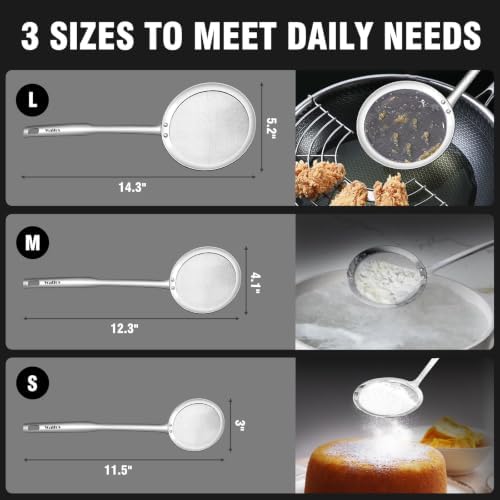 Walfos Fat Skimmer Spoon, Stainless Steel Fat skimmer For Cooking, 3", 4" & 5 inch fine mesh skimmer, Food Strainer Fit For Separation Of The Floating Foam, Fat, Grease, Set of 3