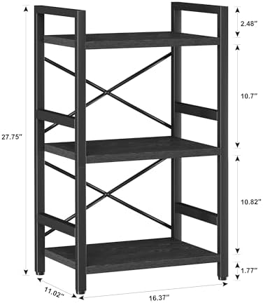 Homeiju Bookshelf, 3 Tier Industrial Bookcase, Metal Small Bookcase, Rustic Etagere Book Shelf Storage Organizer for Living Room, Bedroom, and Home Office(Black) Patent Pending D29873033