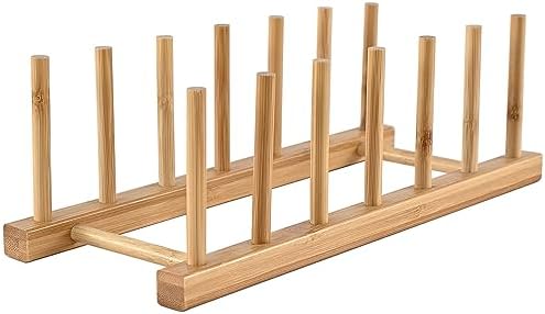 INNERNEED Bamboo Wooden Dish Rack, Vertical Plate & Lid Organizer