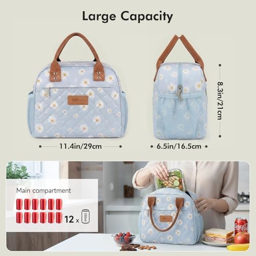 HOMESPON Insulated Lunch Bag for Women Men, Cooler Tote Box, Blue Daisy