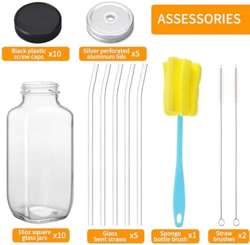 CUCUMI 10pcs 16oz Glass Juice Bottles with Lids