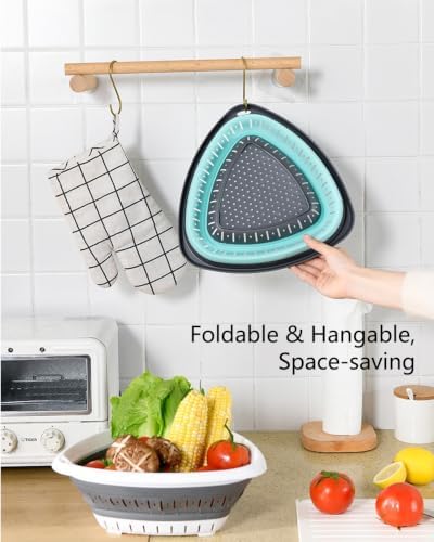 2-Pack Triangle Collapsible Silicone Colander Strainer, Foldable Kitchen Sink Basket for Washing Vegetables & Pasta, Space Saving & Dishwasher Safe, Kitchen Essentials (White and Blue)