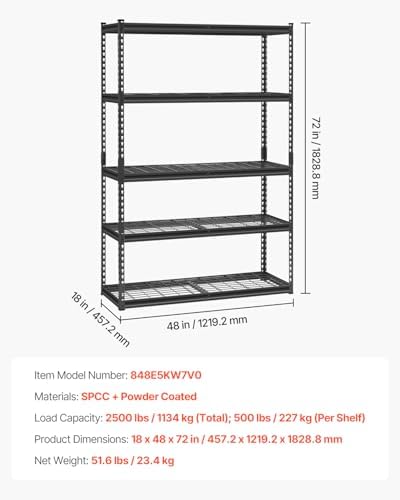VEVOR Storage Shelves, 2500 lbs, 5 Tier Heavy Duty Garage Shelving, 18" D x 48" W x 72" H Adjustable Metal Shelves for Industrial Shelving Unit Utility Shelf, for Kitchen, Warehouse, Basement, Black
