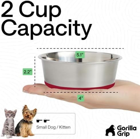 GORILLA GRIP Dog Bowl, Food Grade Stainless Steel Water Bowls, 2 Cup Red