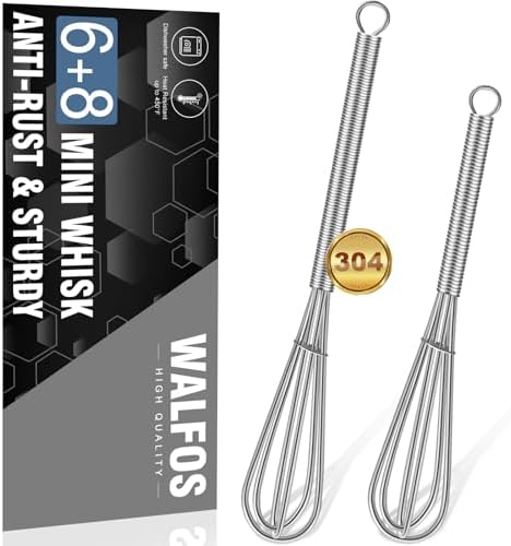 Walfos Mini Whisk,Non-Rust Whisk,304 Stainless steel Small Whisks.Heat Resistant 450℉.6+8Inch Tiny whisks Nice for Whisking, Blending Ingredients, Beating, Mixing Sauces (Silver)