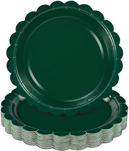 NatNarr 30 Pcs Dark Green Plates 9 Inch Scalloped Green Paper Plates