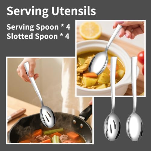 12 Piece Serving Utensils, Amafox Stainless Steel Serving Utensils Set Include Large Spoons, Slotted Spoons, Ktichen Tongs, Ice Tongs for Party Buffet Catering Banquet (Silver)