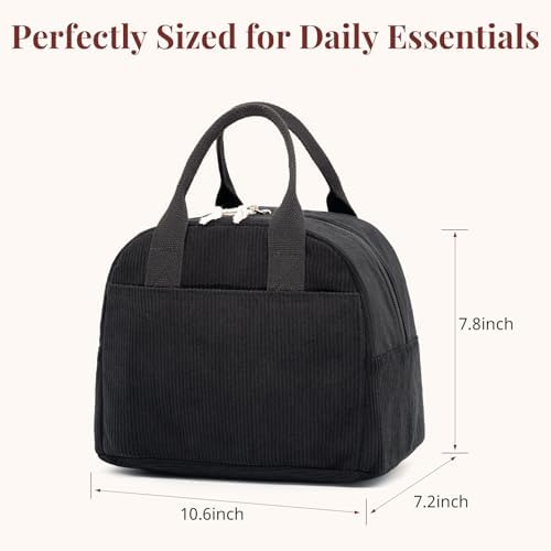 LOVELYWIND Lunch Box for Women, Black Corduroy Insulated Lunch Bag
