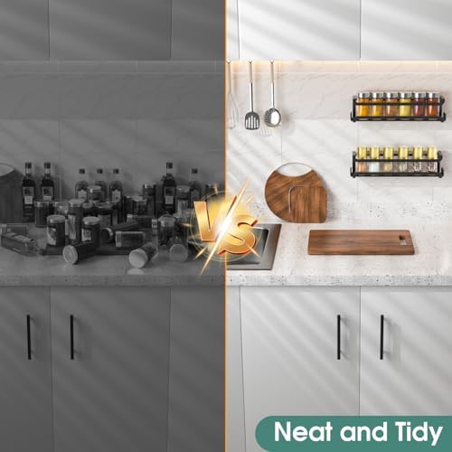 LUCYCAZ 2 Pack Wall Mounted Spice Rack for Spice Jars & Seasonings (Black)