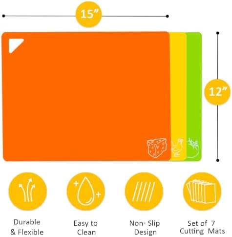 7 Pieces Plastic Flexible Cutting Boards for Kitchen, BPA- Free,15"x12"