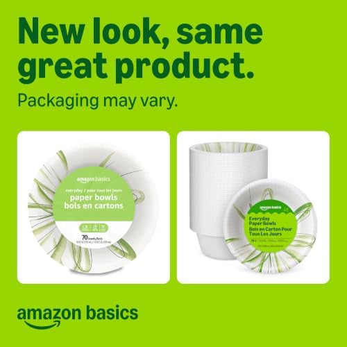 Amazon Basics Everyday Paper Bowls, 10 Oz, Disposable, 70 Count, White, Packaging May Vary