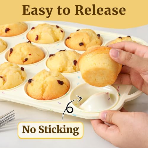 CAKETIME Silicone Muffin Pan, Metal Reinforced Frame Regular Size 2.8 Inch Cupcake Pan with Handle 12 Cups Nonstick Muffin Tray for Baking BPA Free 2 Pack