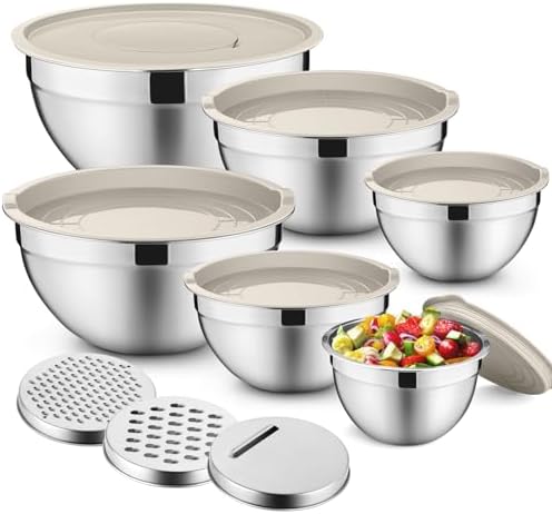 P&P CHEF Mixing Bowls with Lids Set of 6, Nesting Salad Bowl, Khaki