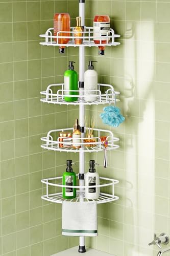 HAMITOR Rustproof Bathtub Corner Shelf, 4-Tier Shower Caddy Tension Pole