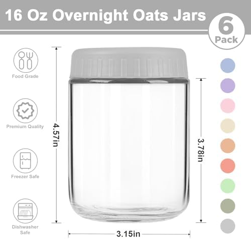 Overnight Oats Containers with Lids, 16oz Wide Mouth Mason Jars with Lids, 6 Pack Glass Jars with Airtight lid for Chia Pudding Yogurt Salad, Meal Prer Oatmeal Jars, Gray