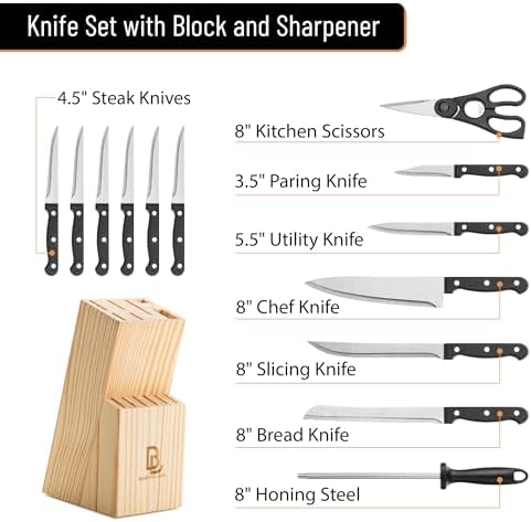 BAMBOO LAND- Kitchen Knife Set, 14 pcs, Stainless Steel Knife Set with Block and Sharpener