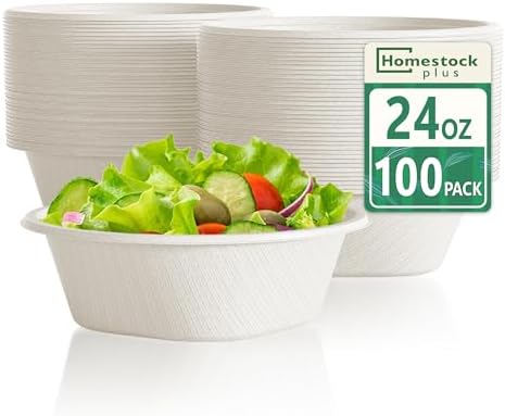 Homestockplus Disposable Bowls 24 Oz [100 Pack] - Compostable Paper Bowl Heavy Duty,Freezer & Microwave Safe Bowl, BPA-Free Eco-Friendly Bowls for Cereal, Rice, French Fries, Party Serving (White)