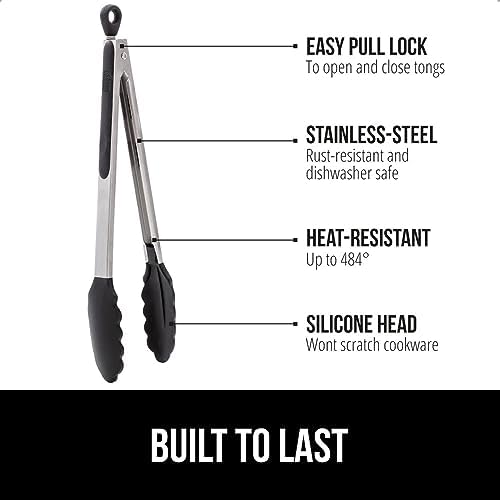 GORILLA GRIP Stainless Steel Kitchen Tongs for Cooking, 2 PK, Black