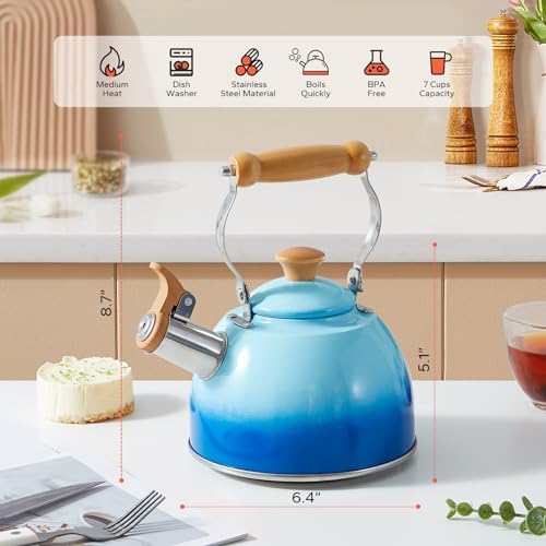 ROCKURWOK Tea Kettle 1.6 Qt Tea Kettles Stovetop Whistling Fast Boil, Blue