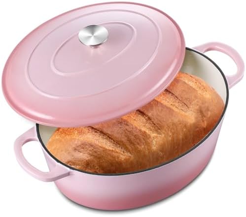Leonyo 7-Quart Enameled Cast Iron Oval Dutch Oven Pot with Lid, Pink