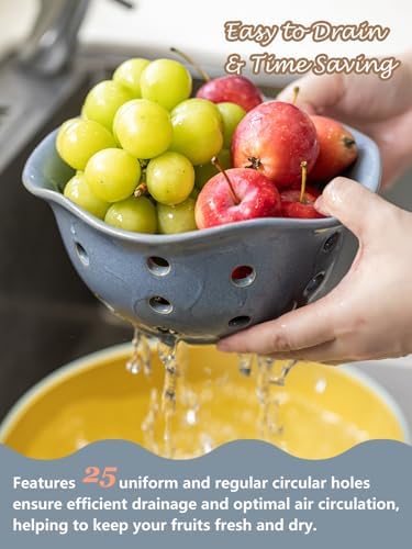 Gomakren Fruit Basket Set of 2, Berry Bowls with Holes Ceramic, Slate Blue