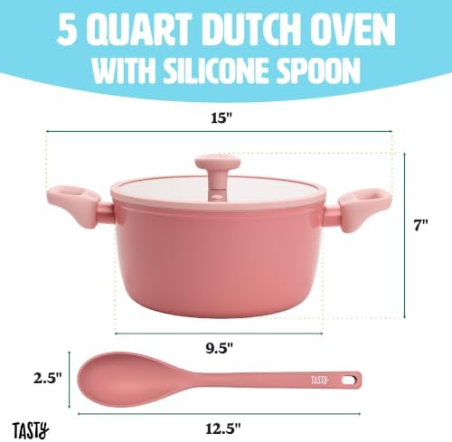 Tasty Ceramic Stock Pot with Glass Lid, Silicone Spoon, Healthy Nonstick Dutch Oven, Soup Pot, Casserole, Made without PFAS, PFOA, PFOS and PTFE, Dishwasher Safe, 5-Quart, 3-Piece Set, Pink