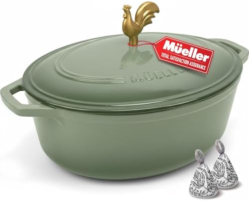 MUELLER HOME 5.5 Quart Enameled Cast Iron Oval Dutch Oven w Rooster Knob & Cotton Potholders, Heavy-Duty Cookware, Oven-Safe up to 500° F & Across All Cooktops, Gifts for Grandma & Women, Thyme Green
