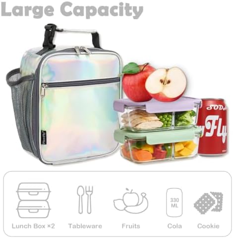 FlowFly Kids Lunch box Insulated Soft Bag Mini Cooler Back to School Thermal Meal Tote Kit for Girls, Boys(Holographic)