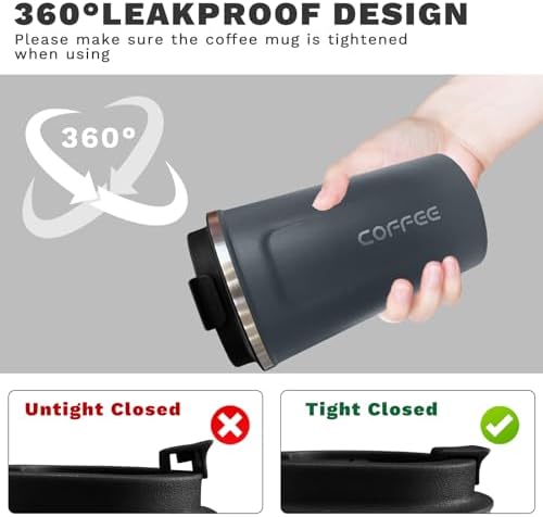 Insulated Travel Coffee Mug, Stainless Steel Coffee Cup with Leakproof Lid