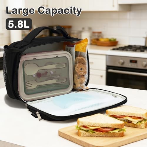 FlowFly Kids Lunch box Insulated Soft Bag Mini Cooler Back to School Thermal Meal Tote Kit for Girls, Boys,Black