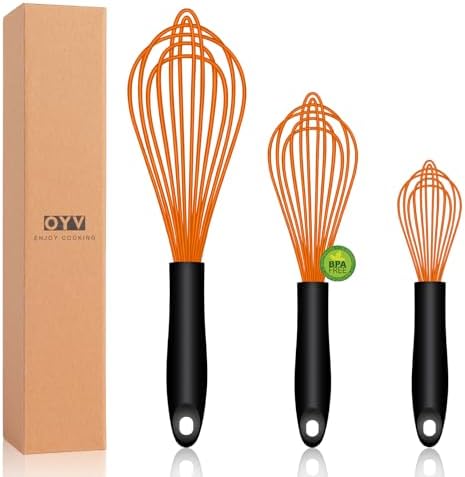 OYV Orange Silicone Whisk Set of 3, 8/10/12 Inch, Dishwasher Safe