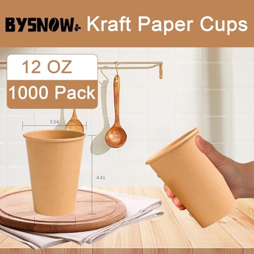 BYSNOW 1000 Pack 12 oz Kraft Paper Cups, Disposable Coffee Hot Water Cups