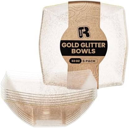 R-kay 6 Pack Gold Glitter Plastic Serving Bowls - 32 Oz Gold Plastic bowls - Salad Bowls Large Serving, Premium Duty For Weddings Catering And Birthday parties