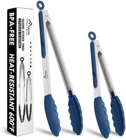 HOTEC Premium Stainless Steel Locking Kitchen Tongs with Silicon Tips, Set of 2-9" and 12", Classic Blue
