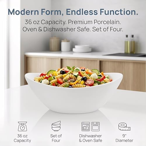 Lawei 4 Pack 9" Porcelain Serving Bowls, 36 Oz Oval Ceramic Mixing Bowls, Large Serving Dishes for Salads, Spaghetti, Dessert, Veggie, Potatoes and Fruits, Side Dishes, Microwave & Dishwasher Safe