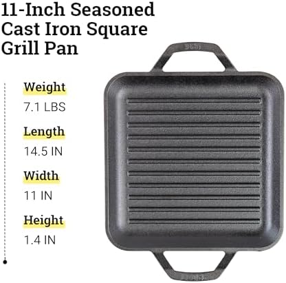 Lodge 11" Cast Iron Square Grill Pan - Chef Collection - Pre-Seasoned Cast Iron Pan - Versatile Cooking - Indoor & Outdoor Use - Incredible Heat Retention (Pack of 2)