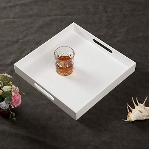 KEVLANG Glossy White Sturdy Acrylic Serving Tray with Handles-14x14Inch-Serving Coffee,Appetizer,Breakfast,Butler-Kitchen Countertop Tray-Makeup Drawer Organizer-Vanity Table-Ottoman Tray