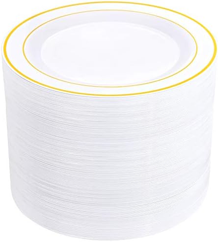 bUCLA 100Pieces Gold Plastic Dinner Plates - 10.25inch White and Gold Plates Disposable for Party - Ideal for Wedding, Party & Daily Use