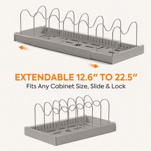 2 Pack Expandable Pots and Pans Organizer under Cabinet, Adjustable Pot Lid Organizer Rack with 9 Stainless Steel Dividers, Food Container Lid Holder for Kitchen Countertop Storage (Gray)