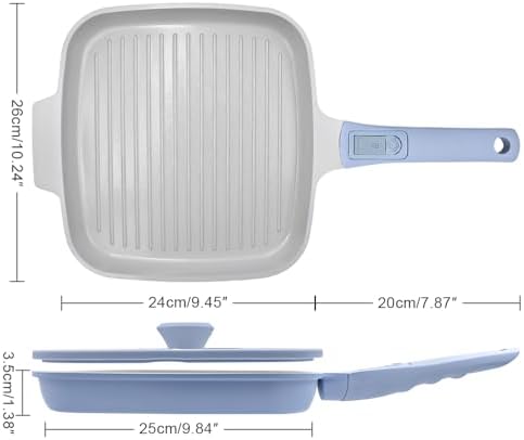 RANX INGST Nonstick Ceramic Griddle Pan with Lid, 10 Inch Steak Pan- Blue
