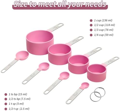 Measuring Cups Set Measuring Spoons Set, Nesting Measure Cups with Stainless Steel Handle, For Measuring Dry and Liquid Ingredients Small Teaspoon with Plastic Head (Pink)