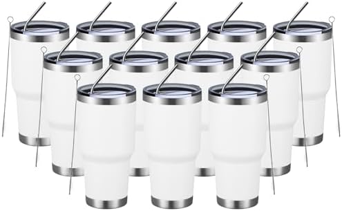 MEWAY 30oz Insulated Tumbler With Lids and Straws,Stainless Steel Double Vacuum Coffee Tumbler Cup, Brush, Durable Powder Coated Coffee Cup for Cold & Hot Drinks, Office, Travel(White,12 PACK)