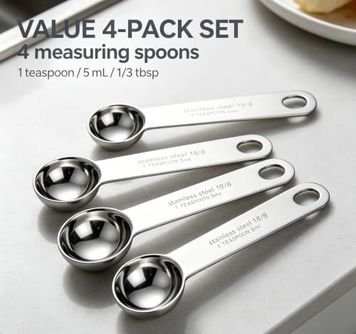 4-Piece 18/8 Stainless Steel Measuring Spoons – 1 Teaspoon, 1/3 Tablespoon, 5 mL – Durable Metal Spoons for Kitchen, Baking, Coffee, Tea