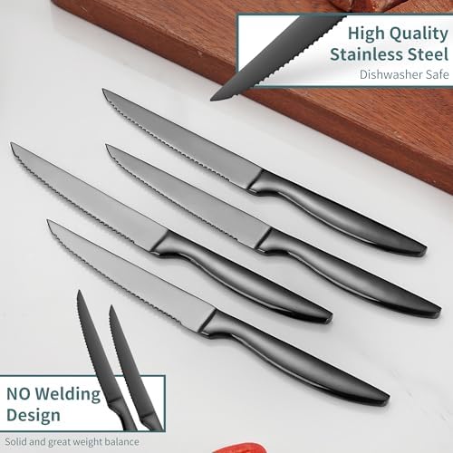 Serrated Steak Knives Set of 8, Black Kitchen Steak Knives Dishwasher Safe