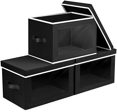 Homsorout Storage Boxes with Lids, Collapsible Storage Bins with Handles, Closet Storage Baskets with Window, Fabric Storage Containers for Organizing Clothes, Towels, Books, 3 Packs, Black